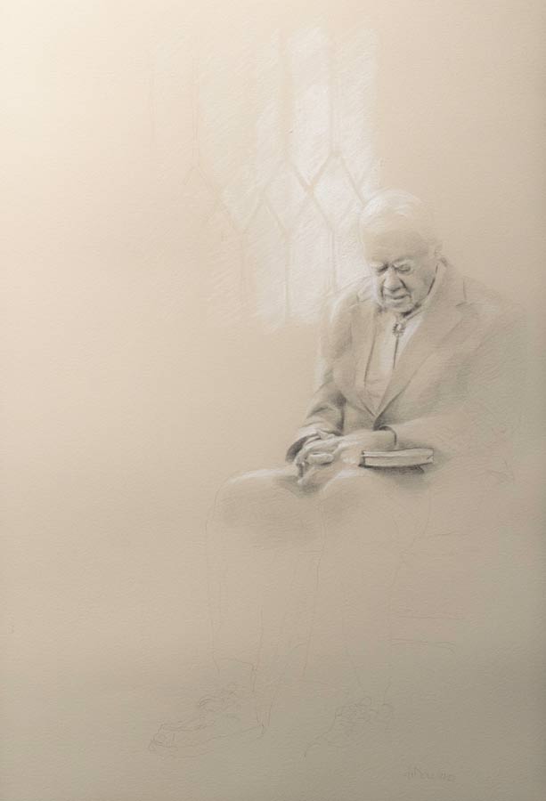 Preparatory sketch of Jimmy Carter praying at his church.