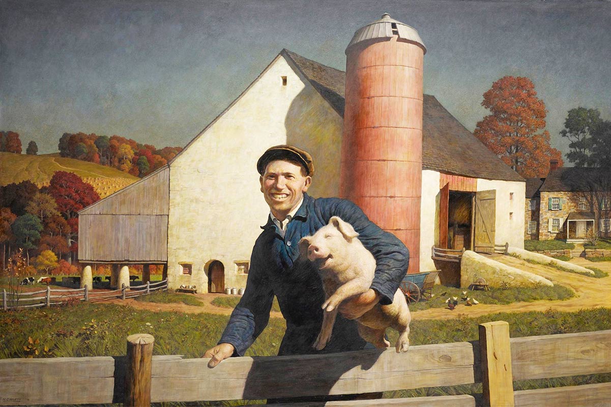 NC Wyeth painting of Farmer and pig