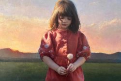 Painting of a girl in a red dress holding a dandelion.