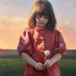 Painting of a girl in a red dress holding a dandelion.